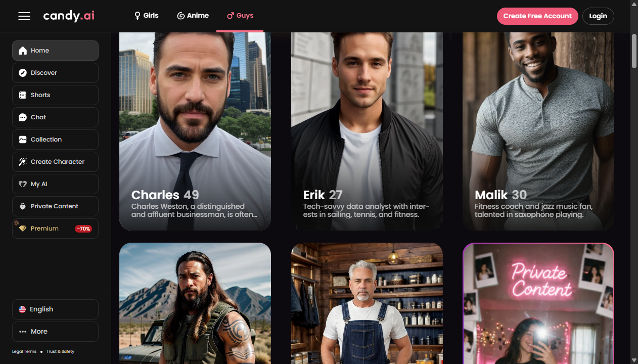 Candy AI public fictional boyfriend catalogue captured October 9, 2026