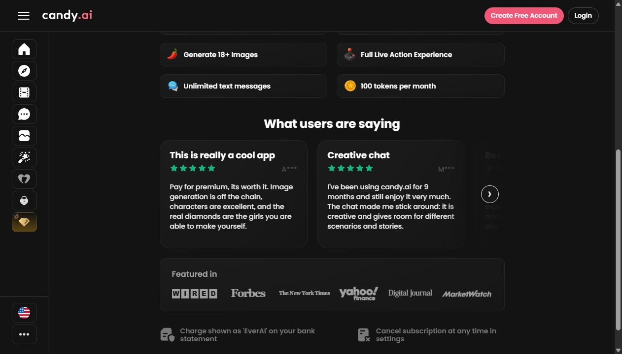 Candy AI public premium benefits screen captured October 9, 2026
