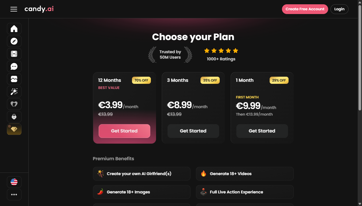 Candy AI public desktop pricing screen captured October 9, 2026