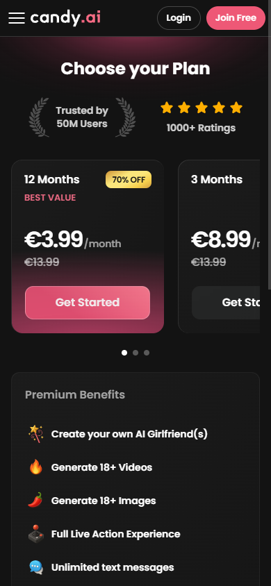 Candy AI public mobile pricing screen captured October 9, 2026